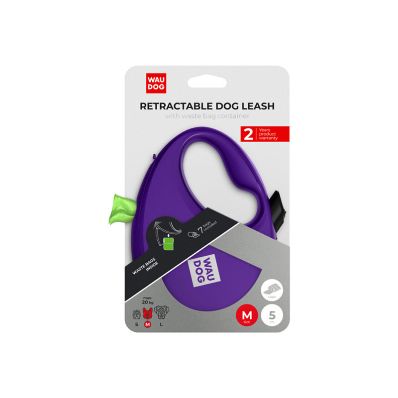 WAUDOG vodítko samonavíjecí se zásobníkem na sáčky Fialové 20kg/5m/M