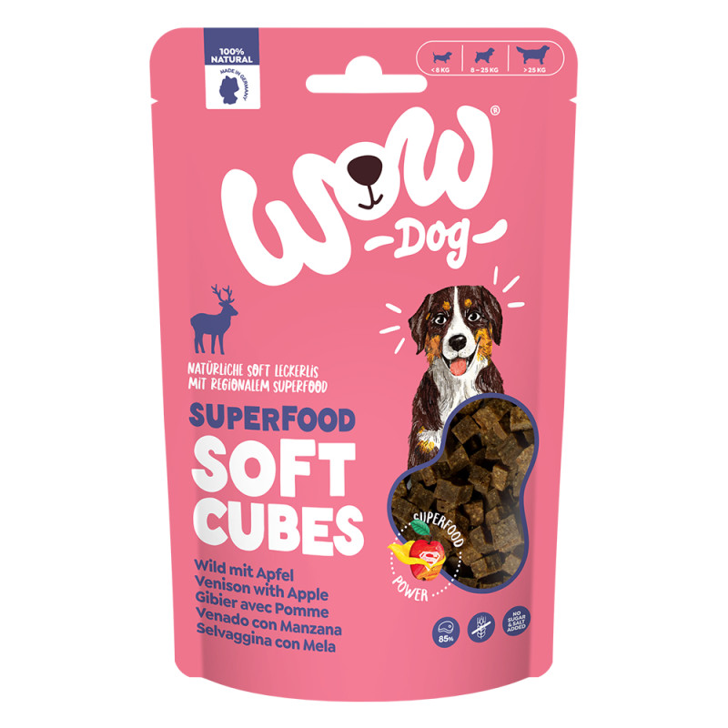 WOW Dog pamlsky Superfood měkké kostky Zvěřina s jablky 150g