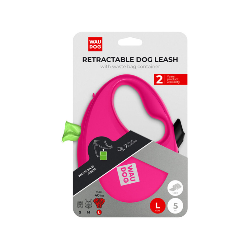 WAUDOG vodítko samonavíjecí se zásobníkem na sáčky Růžové 40kg/5m/L