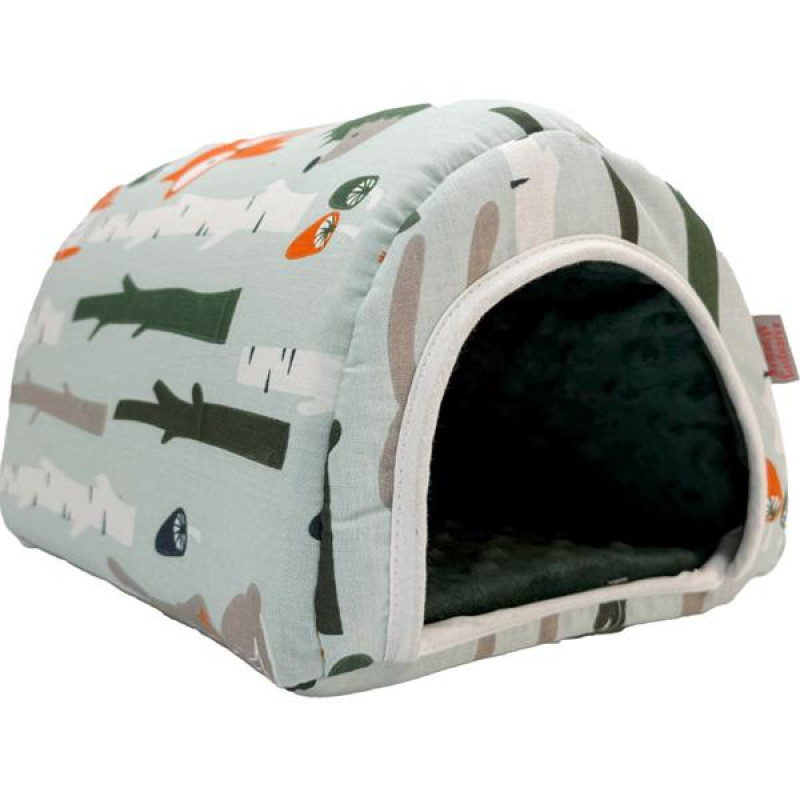 Domek dr.savec oblouk M, zvířata v lese, lahv.zelená minky 20x27x17cm