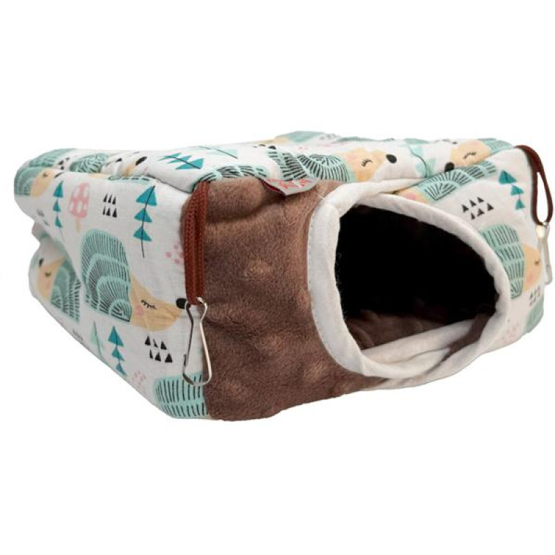 Domek dr.savec závěsný M, ježci na bílé, hnědá minky 18x18x11cm