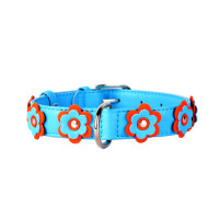 Collar Obojek kožený Glamour Flower - modrý (46-60cm/35mm)