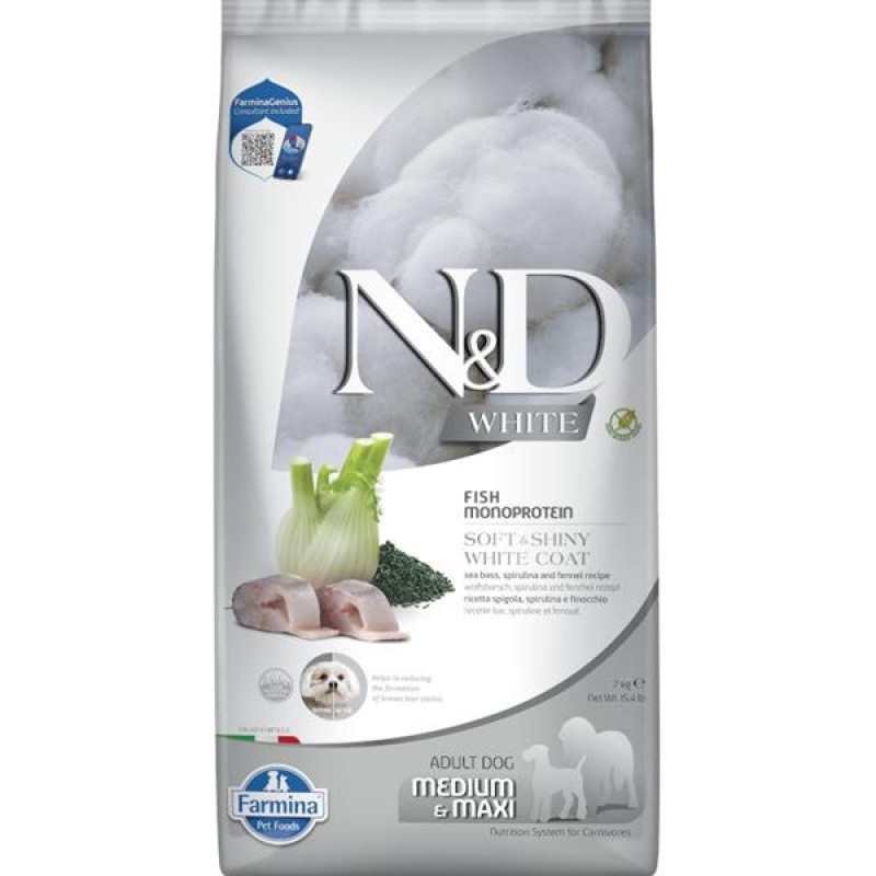 N&D WHITE Dog GF Sea Bass, Spirulina & Fennel Adult Medium & Maxi 7 kg