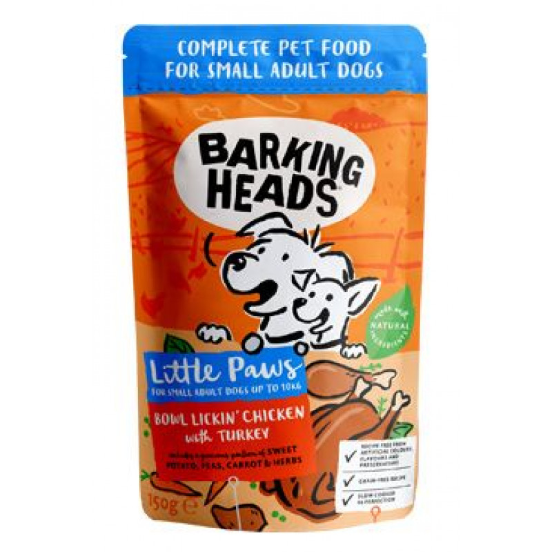 BARKING HEADS Litt.Paws Lickin Chick+Tur kapsička 150g