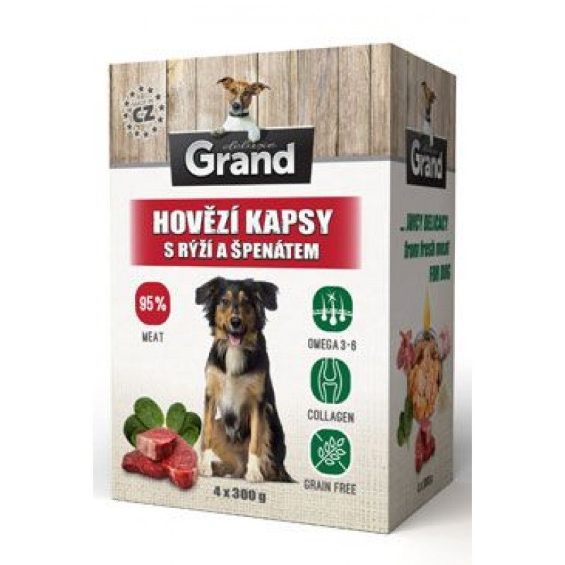 GRAND kaps. deluxe pes hovězí s rýží a špenát. 4x300g