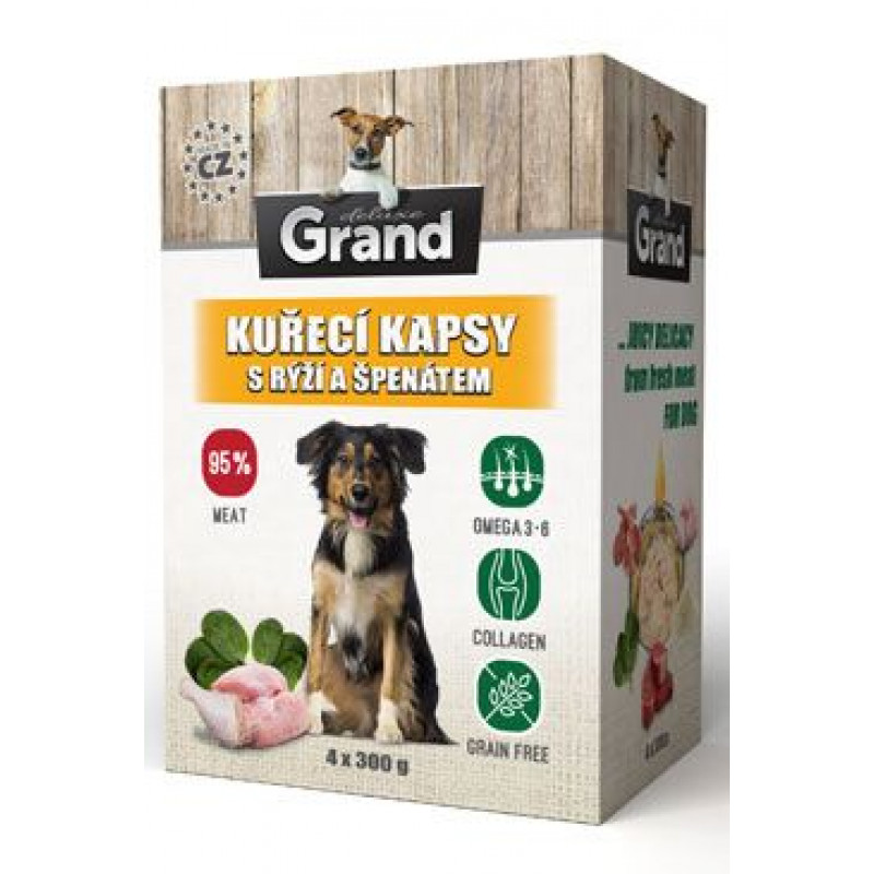 GRAND kaps. deluxe pes kuřecí s rýží a špenát. 4x300g