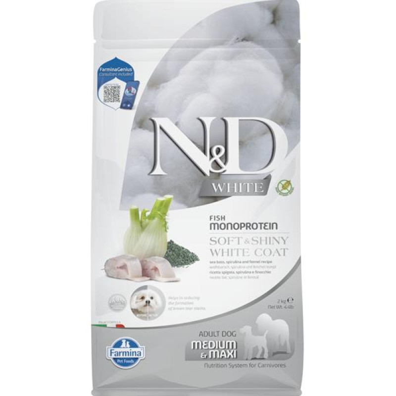 N&D WHITE Dog GF Sea Bass, Spirulina & Fennel Adult Medium & Maxi 2 kg