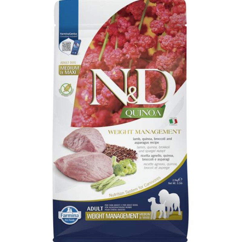 N&D QUINOA Dog GF Weight Management, Lamb & Broccoli Adult Medium & Maxi 2,5 kg