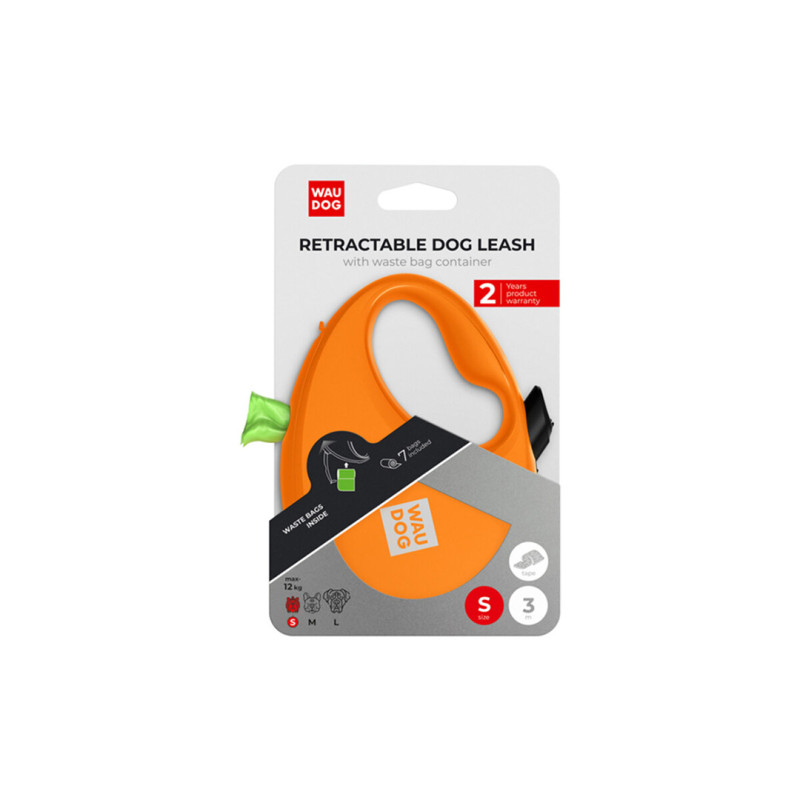 WAUDOG vodítko samonavíjecí se zásobníkem na sáčky Oranžové 12kg/3m/S