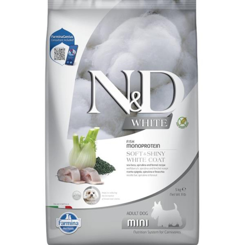 N&D WHITE Dog GF Sea Bass, Spirulina & Fennel Adult Mini 5 kg